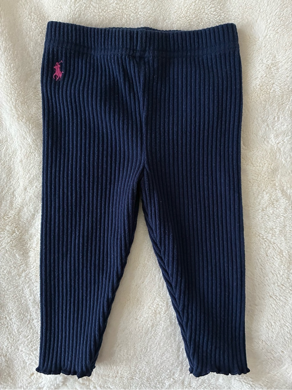 Ralph Lauren Navy Ribbed Leggings with Pink Pony Logo and Lettuce Hem